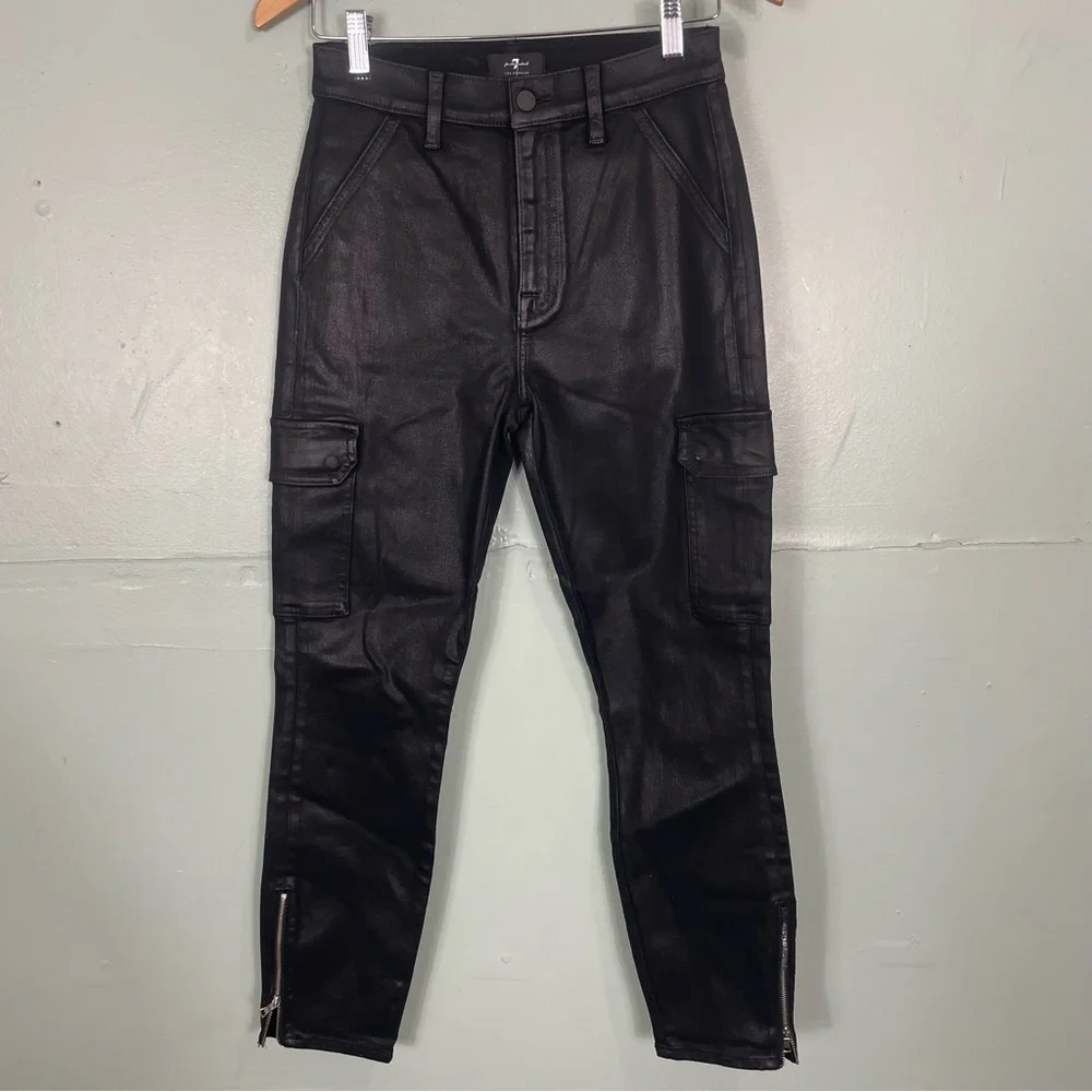 7 For All Mankind Coated Cargo Skinny‎ Black Shiny Women Sz 28 NWT